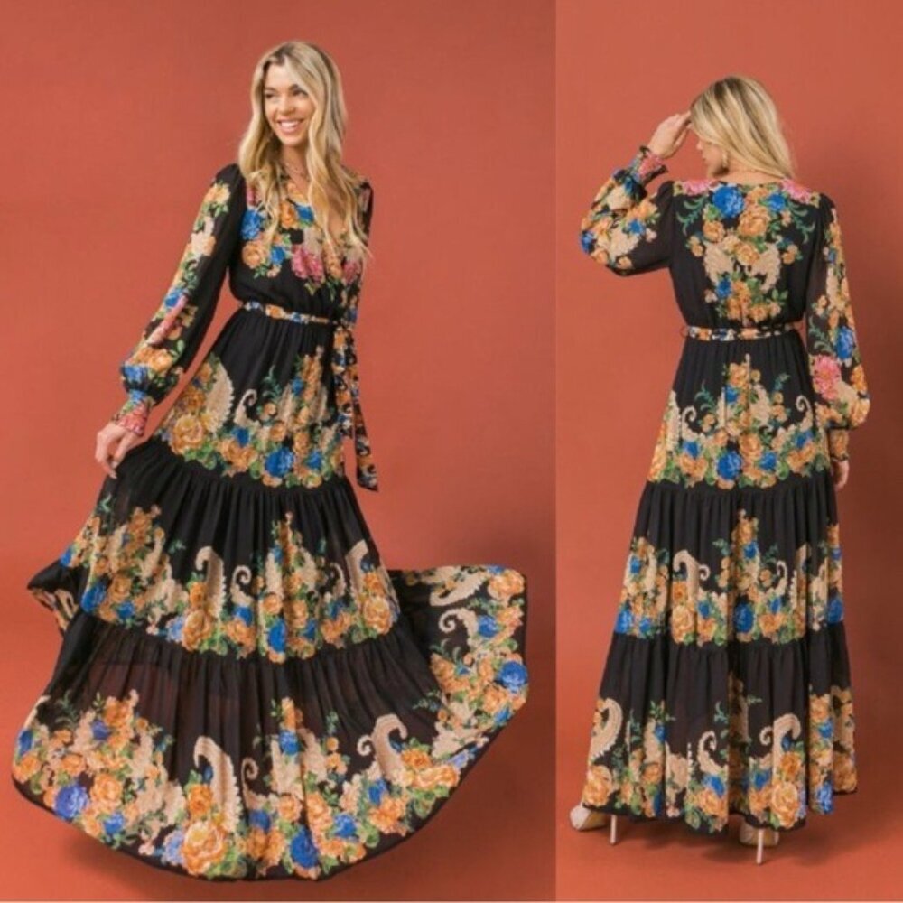 Flying Tomato Black Floral Tiered Maxi with Blue & Gold Accents
